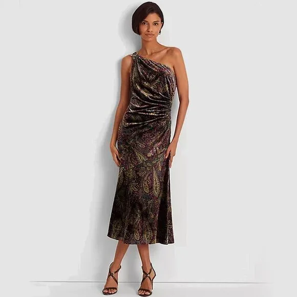 Lauren Ralph Lauren | Dresses | New Lauren Ralph Lauren Size 6 One Shoulder  Paisley Velvet Cocktail Dress Midi